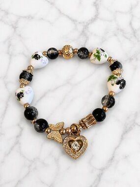 Charm Bracelet Beaded Stretch Heart Butterfly Floral Black White Gold Rhinestone